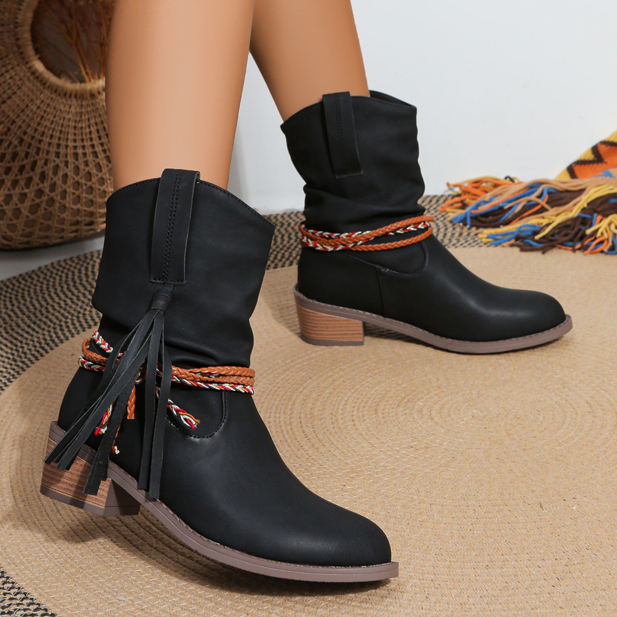 Western Tassel Ankle Boots